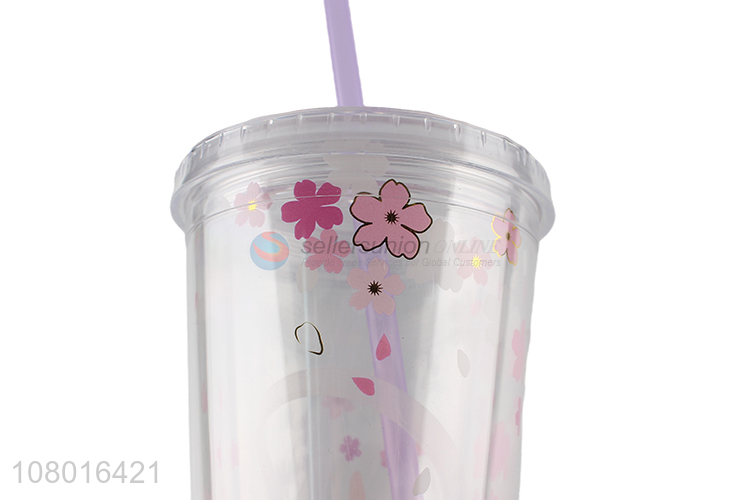 Most popular sakura pattern drinking cup plastic tumbler with straw