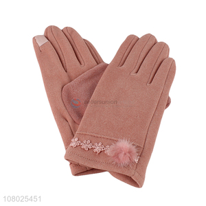 Good selling pink women polyester gloves with flower decoration