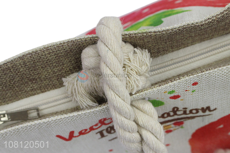 Recent design strawberry printed imitated linen jute handbag beach bag