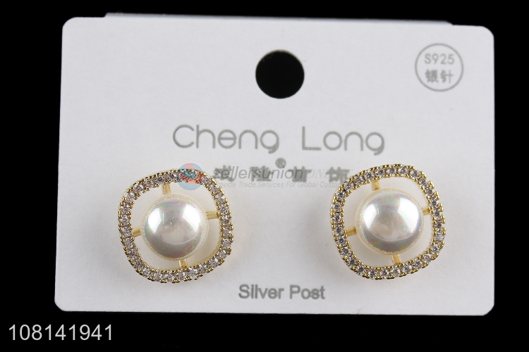 Good quality silver post earrings rhinestone pearl stud earrings