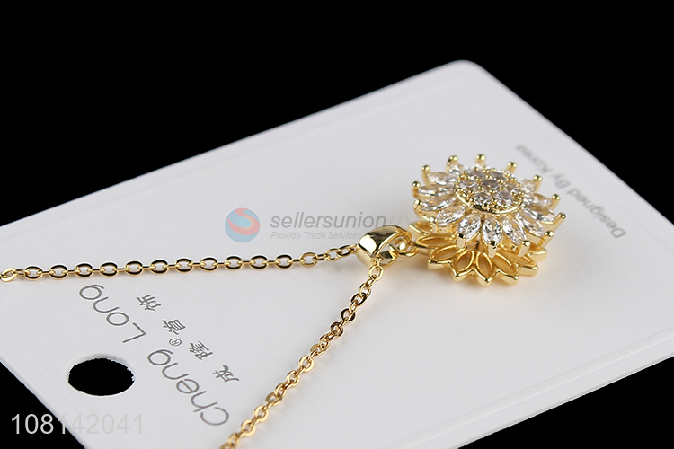 Wholesale rhinestone sunflower pendant necklace with steel chain