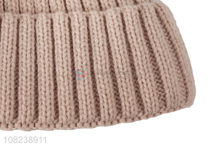 Wholesale fleece lined knitted hat winter warm beanie with hair bulb