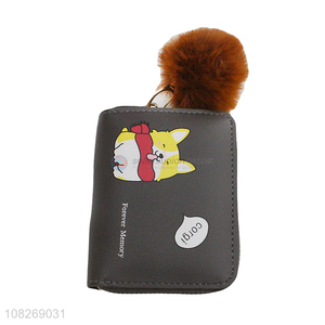 Wholesale cartoon pu leather clutch wallet purse with pompom chain