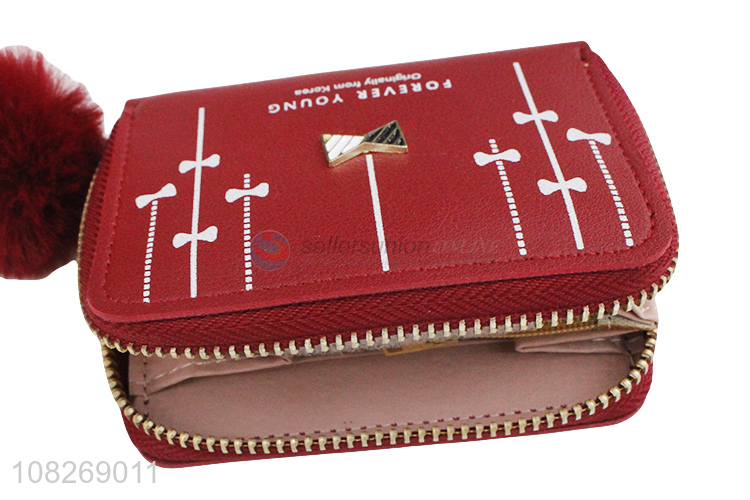 Good price stylish pompom chain zipper wallet credit card holder