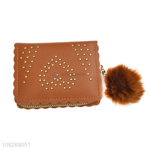 High quality pu leather pompom chain wallets card holder for women