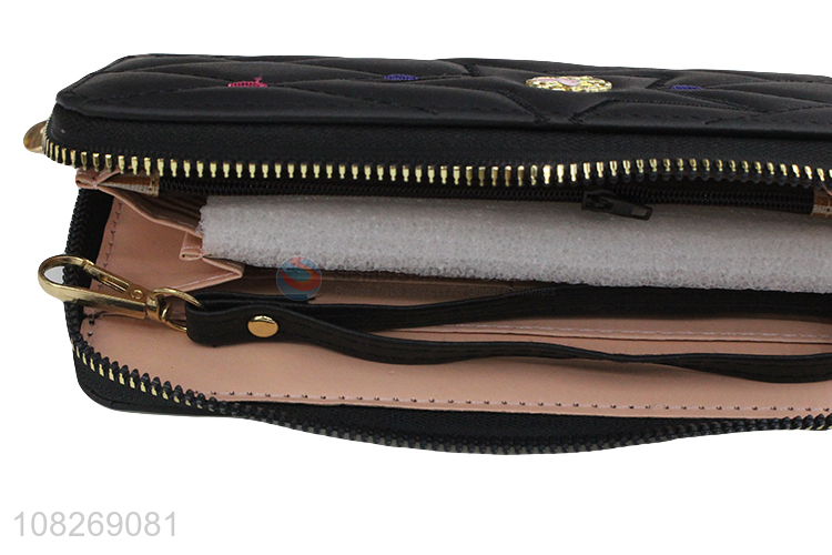 Wholesale embroidery long wallet pu leather clutch wallet card holder