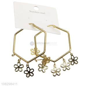 New product stainless steel flower pendant hexagonal hoop earrings