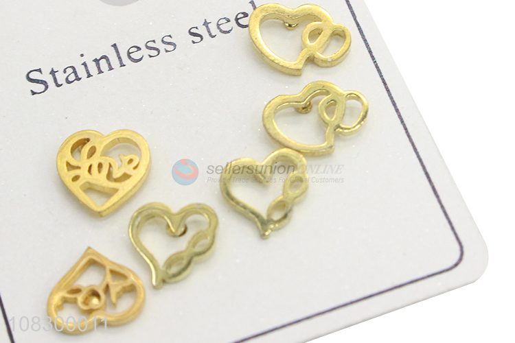 Wholesale 3 Pairs Heart Shape Stainless Steel Ear Stud Set