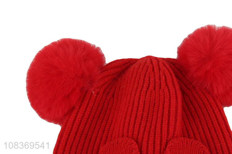 Good price cute warm children knitted hat with fuzz ball