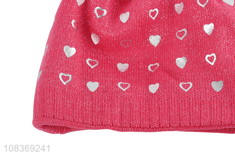 Online wholesale heart pattern winter warm knitted hats with fuzz ball