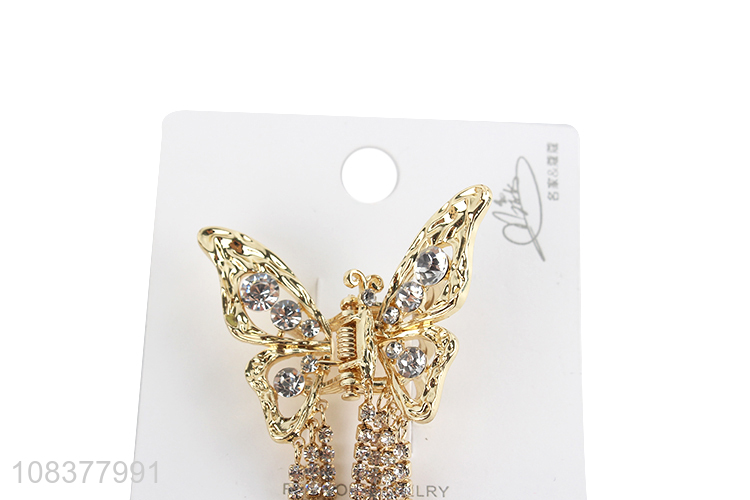 Custom Butterfly Shape Alloy Claw Clip With Rhinestone Tassel