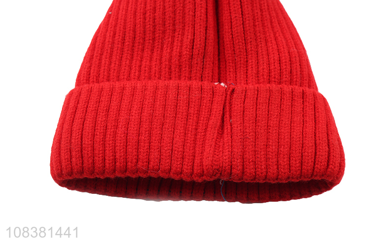 Popular Red Knitted Hat With Pom Pom Ball For Kids