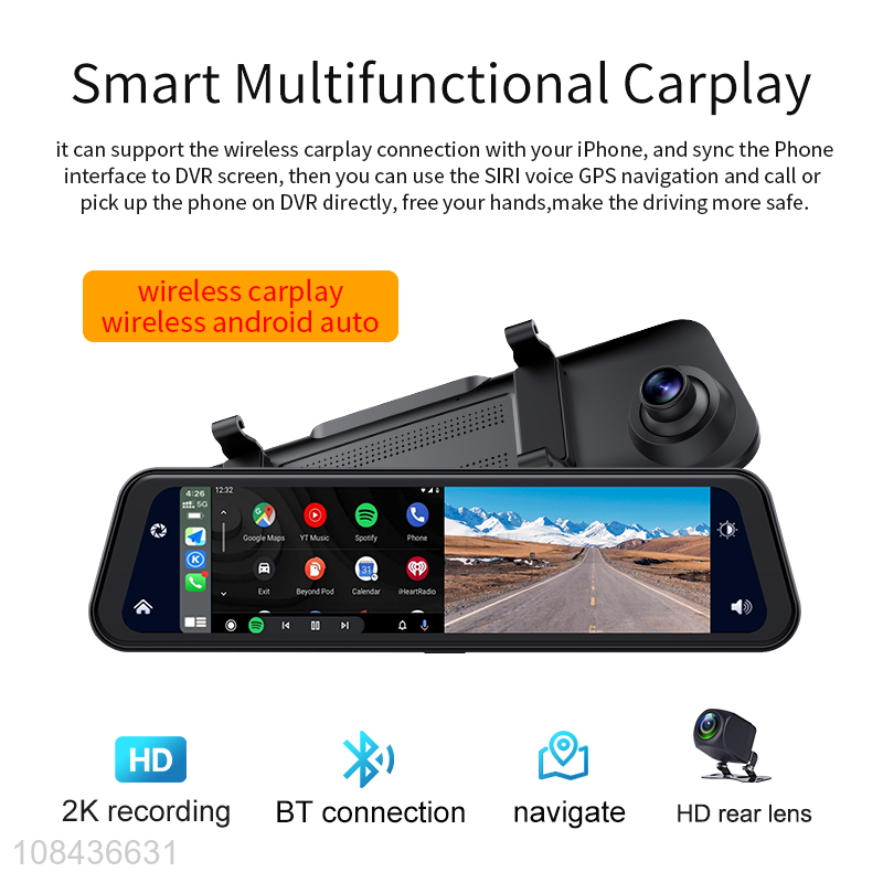 Wholesale 11.88inch touch screen front 2K+back 1080P wireless carplay,wireless android auto dash camera