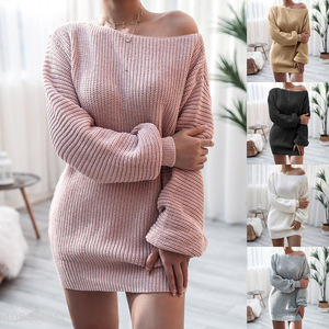 Factory price winter oversized off shoulder knitted sweater dress for women
