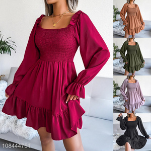Factory wholesale solid color women puff sleeve square neck chiffon dress