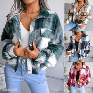 Wholesale women's winter jacket plaid flap pocket polyester overshirt jacket