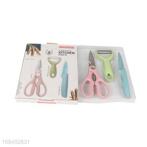 Hot selling wheat-straw handle kitchen gadgets set with paring knife scissors peeler