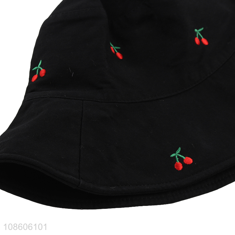 Good quality summer cherry embroidered reversible bucket hat for kids