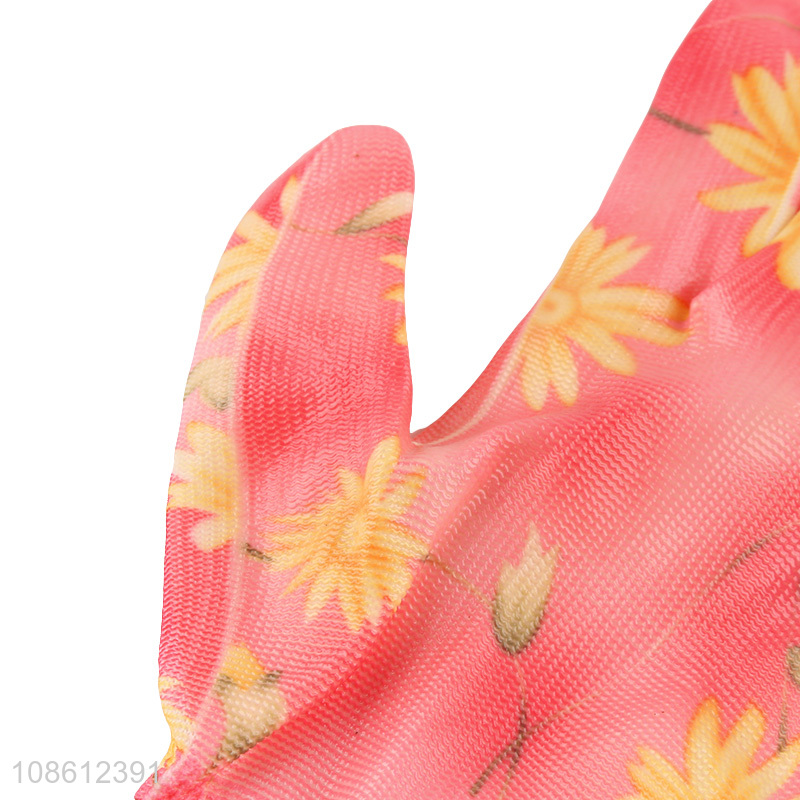Hot selling floral print pu coated anti-slip safety work gloves