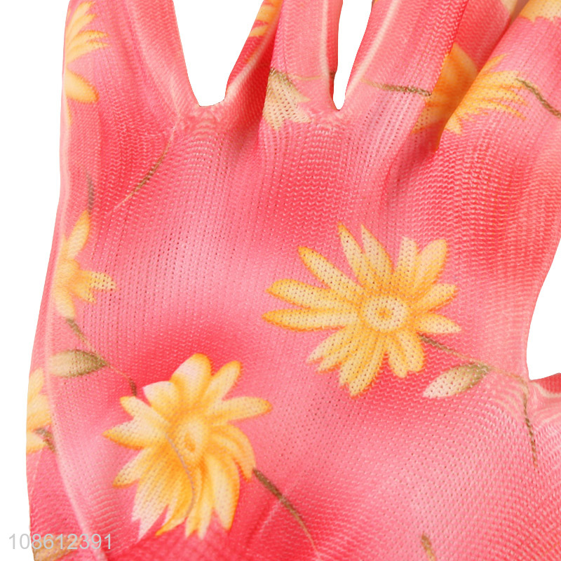 Hot selling floral print pu coated anti-slip safety work gloves