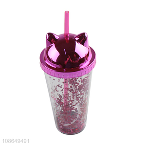 Factory supply double walled glitter plastic water cup with straw