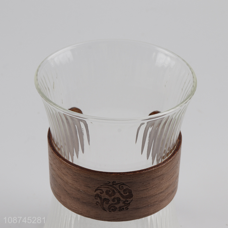 Online wholesale glass tea cup glass coffee mug with wooden cup sleeve