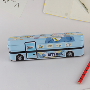 Wholesale cute double-decker bus shaped metal pencil box for kids