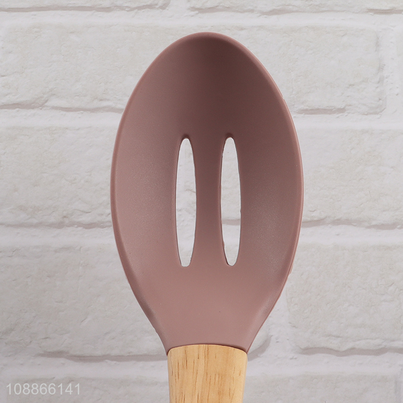 High quality silicone nylon slotted ladle with wooden handle for serving