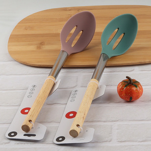 Good quality cooking tool silicone nylon slotted ladle with wooden handle