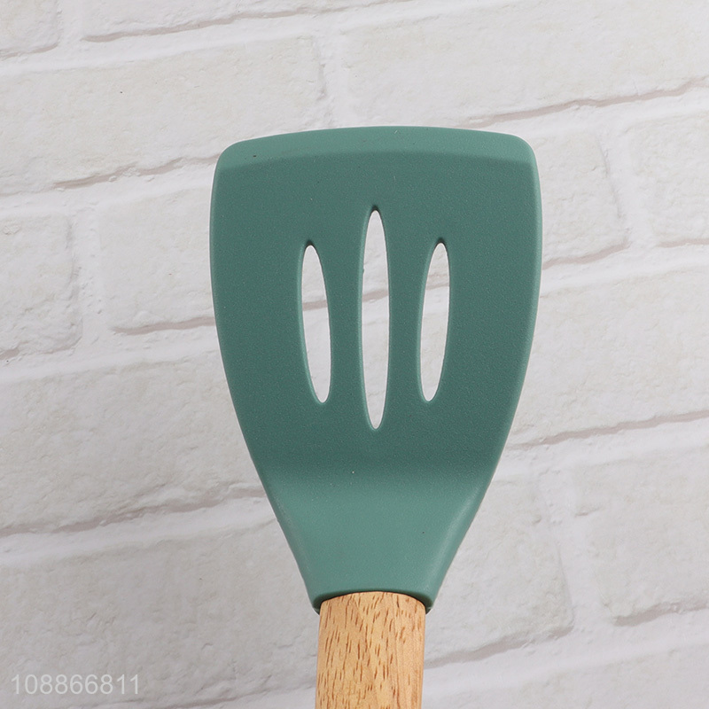 Factory supply flexible silicone slotted spatula turner with wooden handle