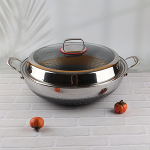 Best quality 2-handle stainless steel ceramic coating wok with glass lid