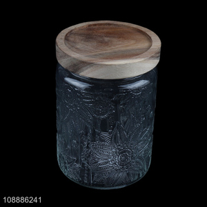 Hot sale embossed glass food container storage jar with lid