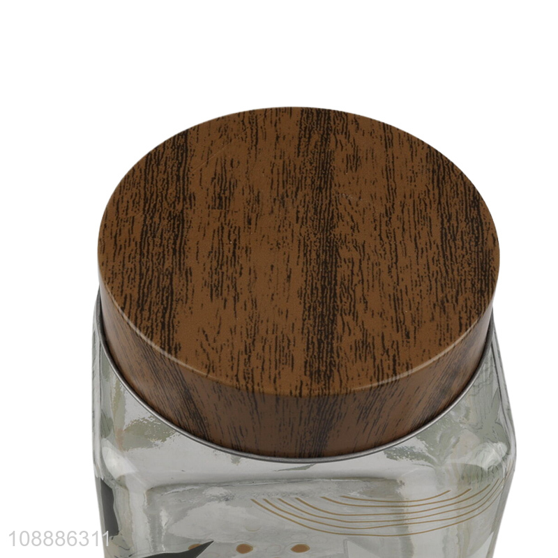 High quality glass food container storage jar with leaf pattern decal