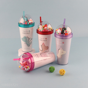 Factory supply cartoon dinosaur plastic straw water cup for sale