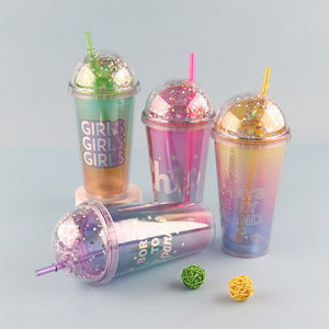 China wholesale multicolor glitter plastic straw water cup with light