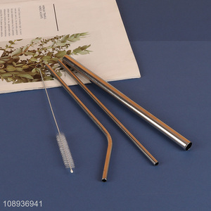 Wholesale 3+1 Colored Metal Bent and Straight Straws with Cleaning Brush