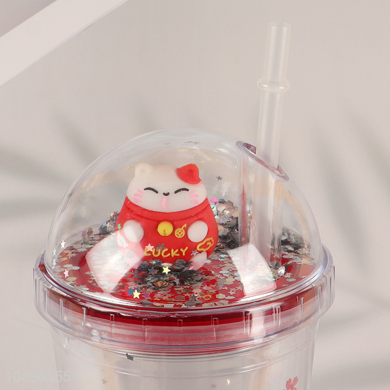 Top products double wall lucky cat drinking cup with lid and straw