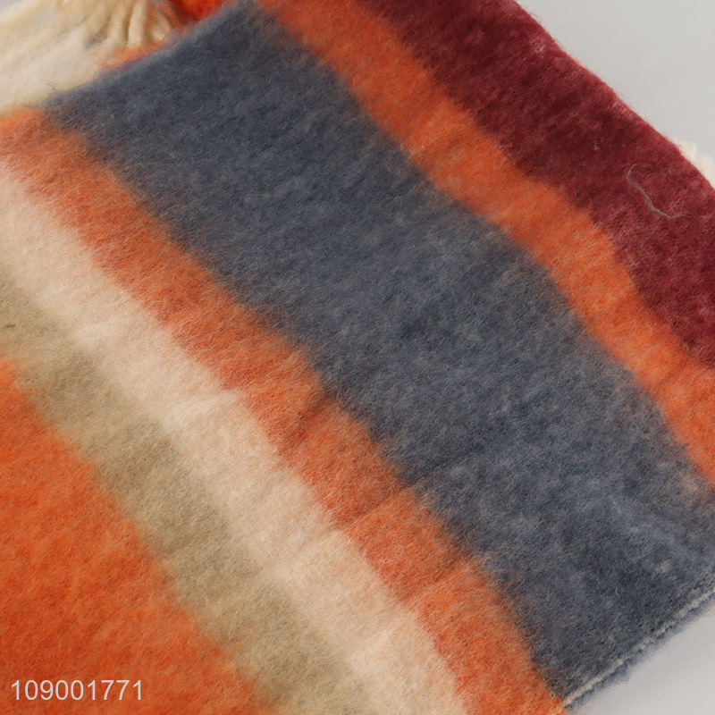 Good Quality Winter Scarf Striped Cashmere Feel Scarf with Pom Poms