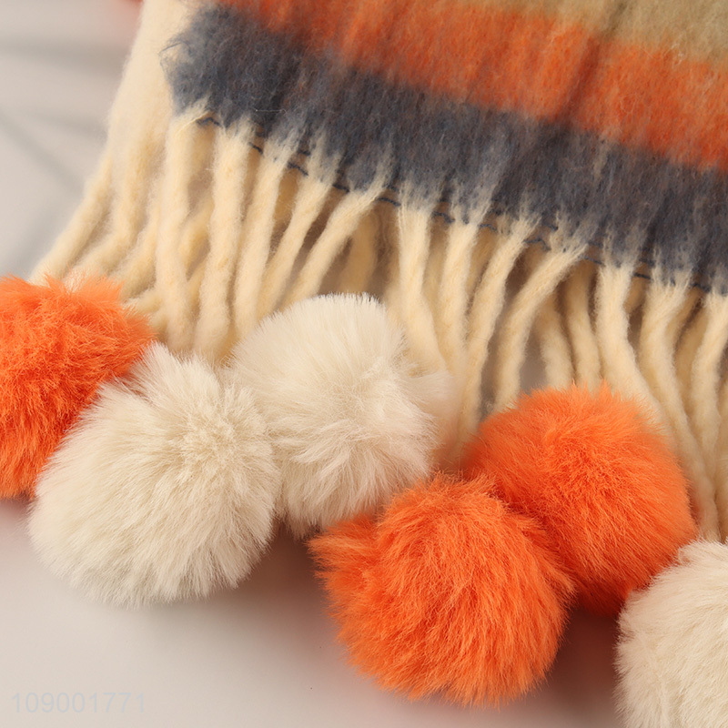 Good Quality Winter Scarf Striped Cashmere Feel Scarf with Pom Poms