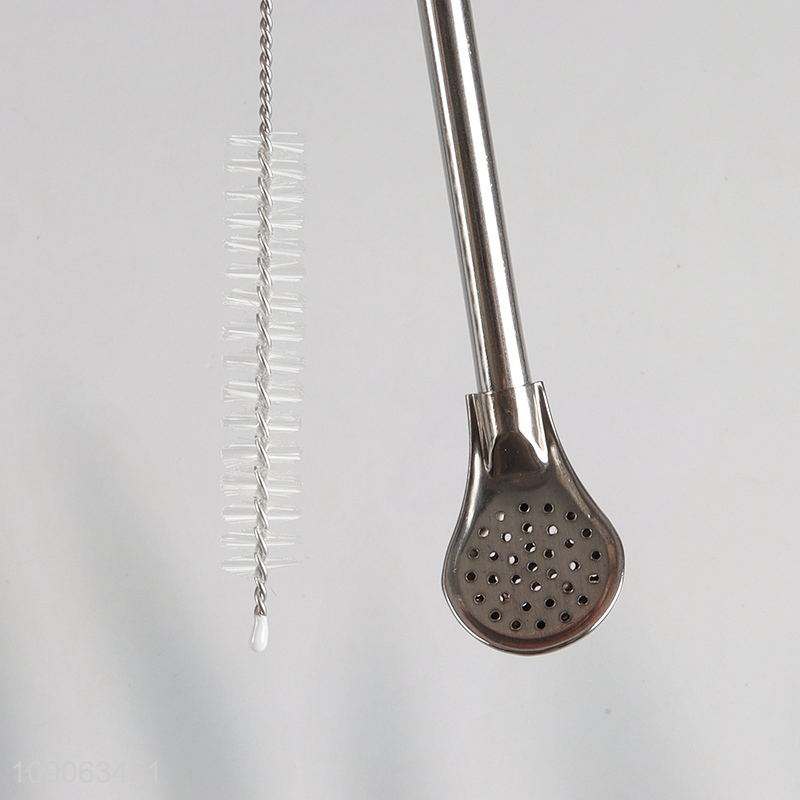 Factory Supply 6 Pack Stainless Steel Spoon Straws with 1 Straw Cleaner Brush
