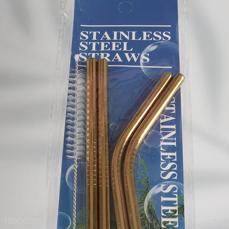 Hot Sale 4 Pack Stainless Steel Straws 2 Straight + 2 Bent with 1 Straw Brush