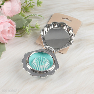 China factory shell shape folding hair comb hair <em>brush</em> with <em>makeup</em> mirror