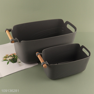 Good Quality Multi-Purpose Plastic <em>Storage</em> <em>Basket</em> with Wooden Handles