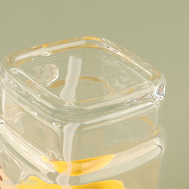 Yiwu market cartoon glass cup straw cup with lid&handle
