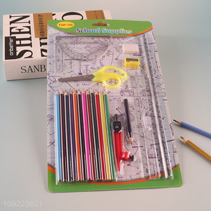 Most popular school students stationery set ruler compasses colored <em>pencil</em> set