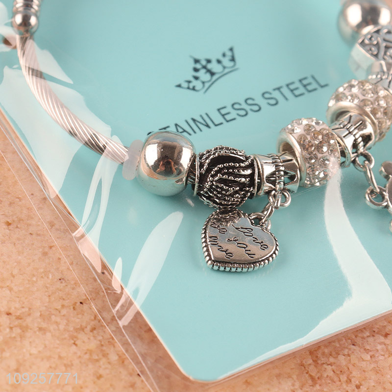 Hot Selling Silver Plated Stainless Steel Bangle Charm Bracelet for Girls