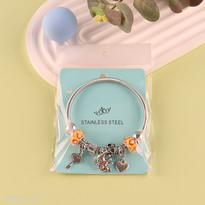 Good Quality Silver Plated Stainless Steel Bangle Charm Bracelet for Girls